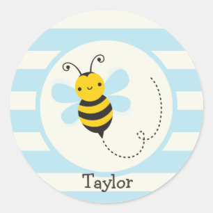 Cute Yellow & Black Bee on Baby Blue Stripes Classic Round Sticker