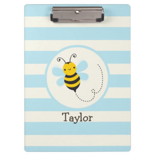 Cute Yellow & Black Bee on Baby Blue Stripes Clipboard