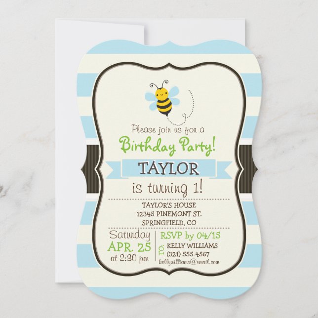 Cute Yellow & Black Bee on Baby Blue Stripes Invitation (Front)