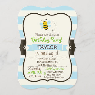 Cute Yellow & Black Bee on Baby Blue Stripes Invitation