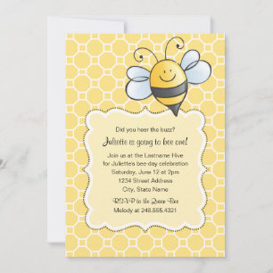 Cute Yellow Black Bumblebee First Birthday Party Invitation
