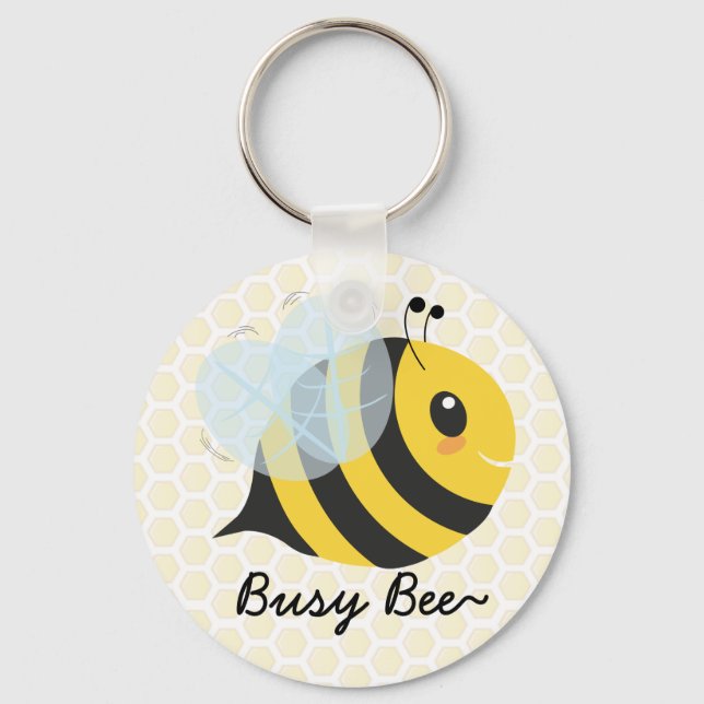 Cute Yellow Black Busy Bee with Honeycomb Pattern Key Ring (Front)