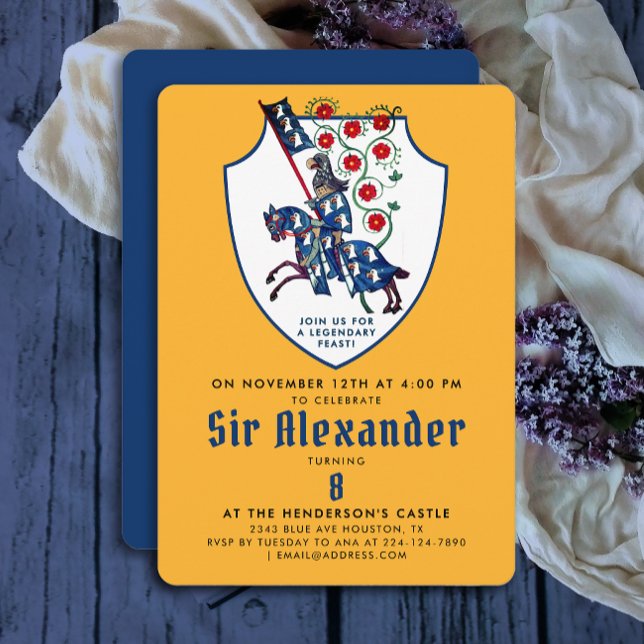 Cute Yellow Blue Middle Age Mounted Knight Flowers Invitation (Creator Uploaded)