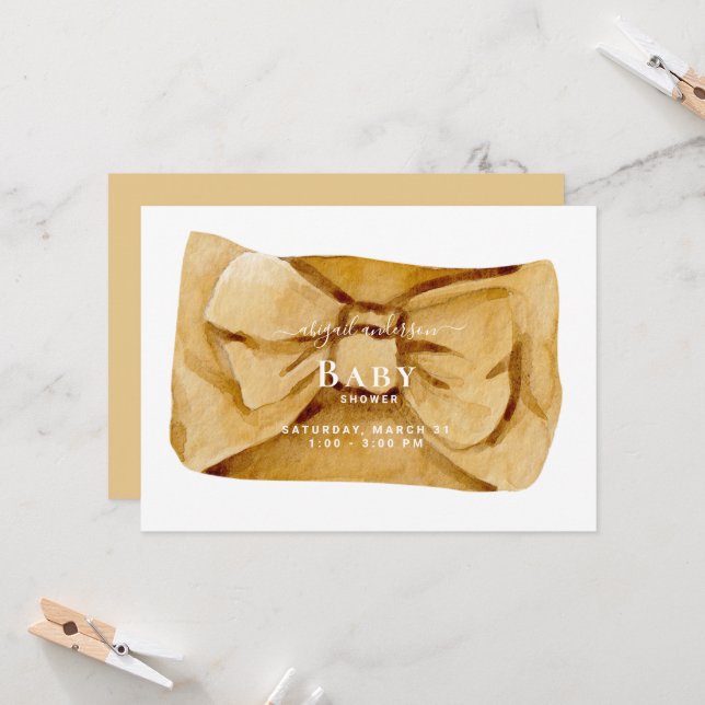 Cute Yellow Bow Baby Shower Invitation (Front/Back In Situ)