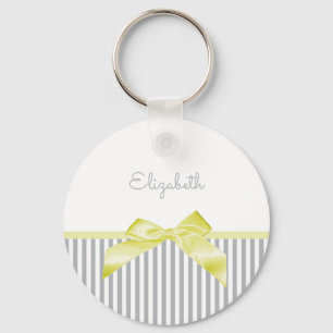 Cute Yellow Bow With Girly Grey Stripes and Name Key Ring