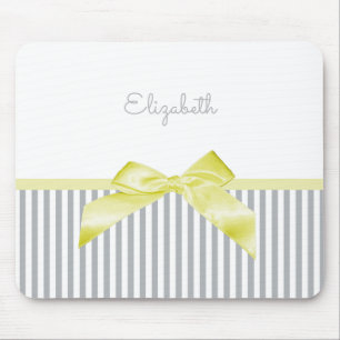 Cute Yellow Bow With Girly Grey Stripes and Name Mouse Mat
