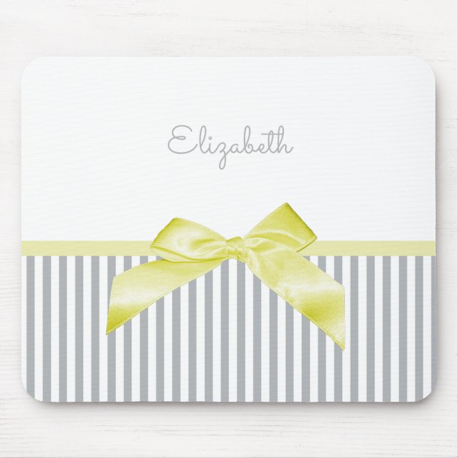 Cute Yellow Bow With Girly Grey Stripes and Name Mouse Mat (Front)