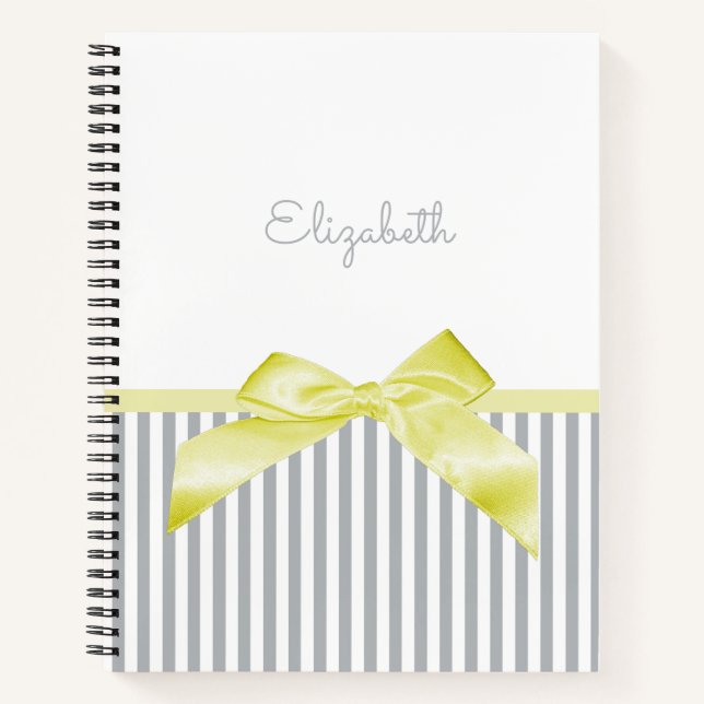 Cute Yellow Bow With Girly Grey Stripes and Name Notebook (Front)