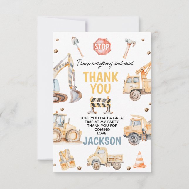 Cute Yellow Boys Construction Birthday Thank You Card (Front)