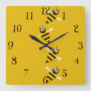 Cute Yellow Brown Abstract Honey Bees Pattern Square Wall Clock