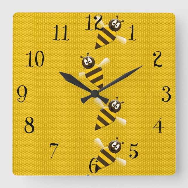 Cute Yellow Brown Abstract Honey Bees Pattern Square Wall Clock (Front)