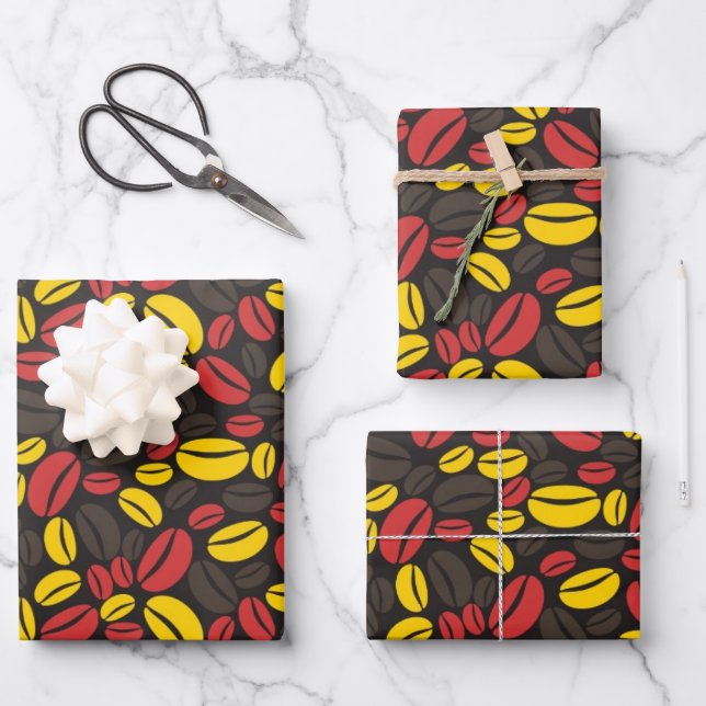Cute Yellow Brown and Red Coffee Bean Wrapping Paper Sheet (Front)