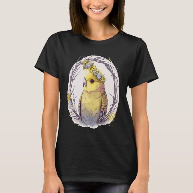 Cute Yellow Budgie Parakeet Bird Flower Crown Pet  T-Shirt (Front)