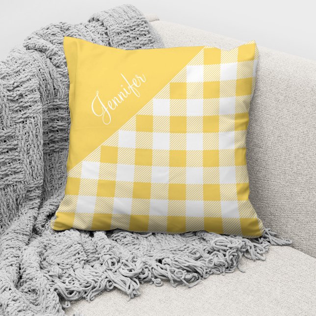 Cute Yellow Buffalo Plaid Check Pattern Name Cushion (Creator Uploaded)