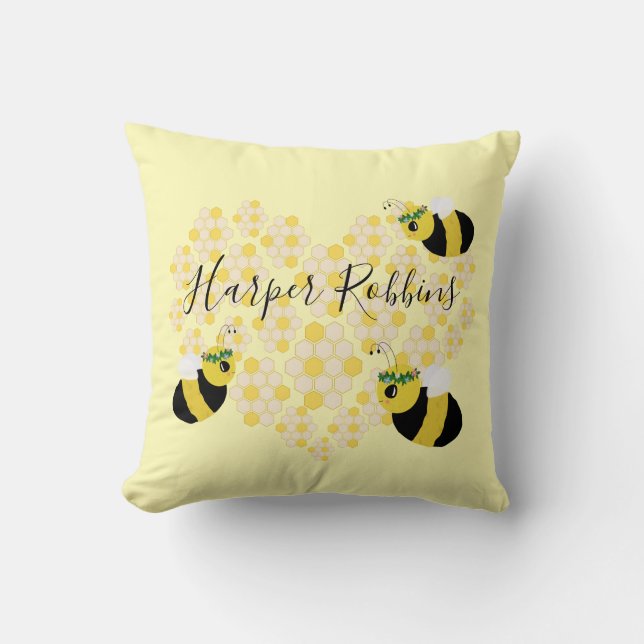 Cute Yellow Bumble Bee Honeycomb Heart Baby Room Cushion (Front)