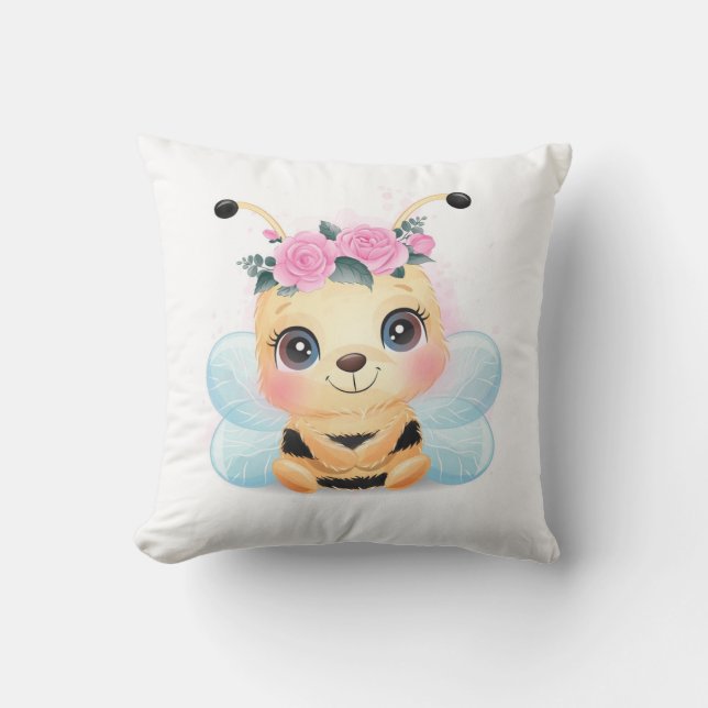 Cute Yellow Bumble Bee Pink Roses Throw Pillow (Front)