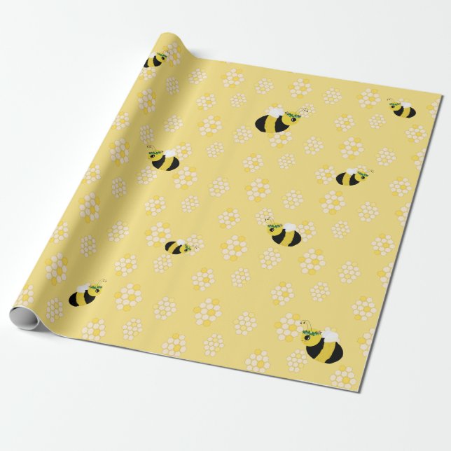 Cute Yellow Bumble Bees and Honeycomb Baby Shower Wrapping Paper (Unrolled)