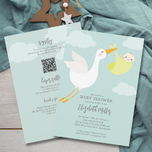 Cute Yellow Bundle Stork Baby Shower All in One Invitation