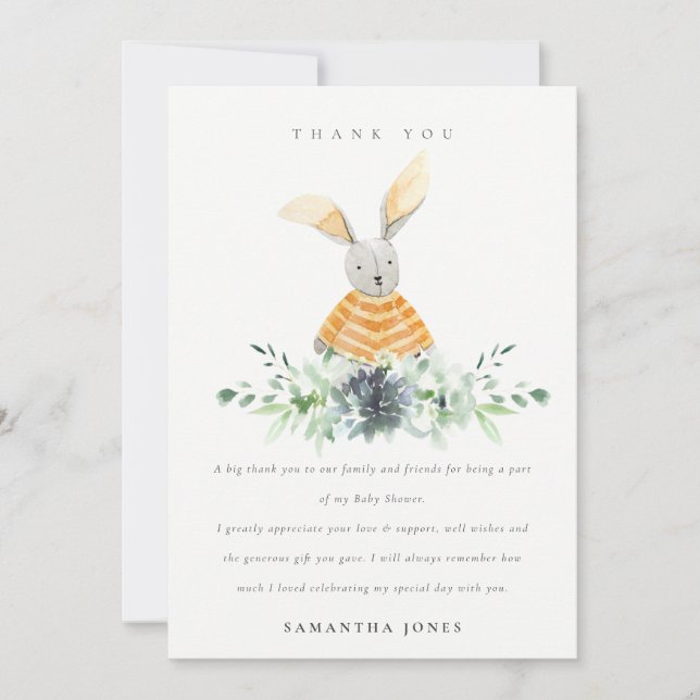 Cute Yellow Bunny Garden Cacti Foliage Baby Shower Thank You Card (Front)