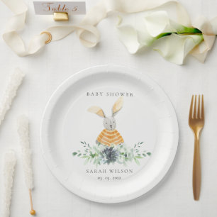Cute Yellow Bunny Garden Foliage Baby Shower  Paper Plate