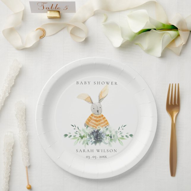 Cute Yellow Bunny Garden Foliage Baby Shower  Paper Plate (Wedding)