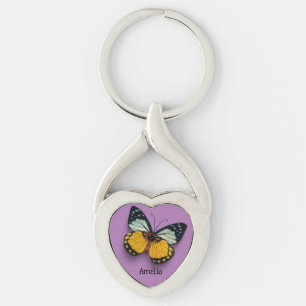 Cute Yellow Butterfly on Purple Background Key Ring
