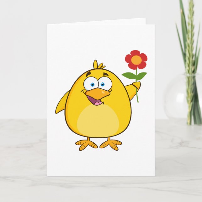 Cute Yellow Cartoon Chick with Flower Card (Front)