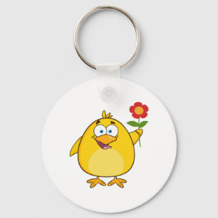 Cute Yellow Cartoon Chick with Flower Key Ring