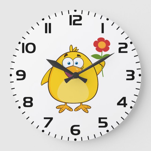 Cute Yellow Cartoon Chick with Flower Large Clock (Front)