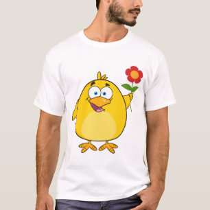 Cute Yellow Cartoon Chick with Flower T-Shirt