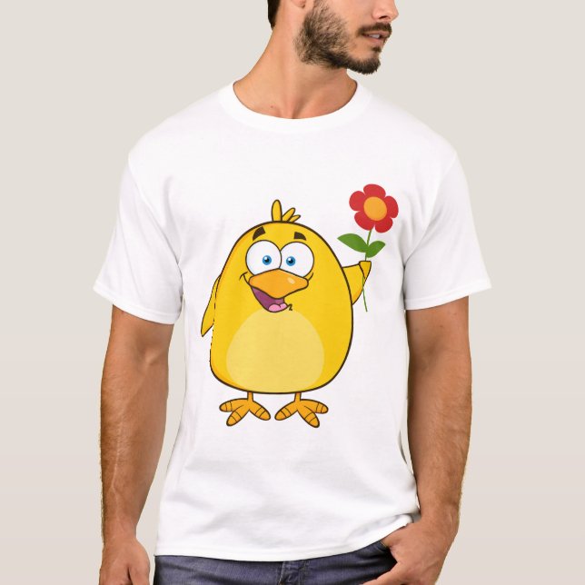 Cute Yellow Cartoon Chick with Flower T-Shirt (Front)