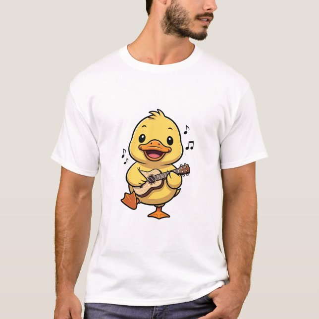 Cute Yellow Cartoon Duck Playing Ukulele T-Shirt (Front)