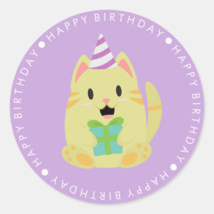 Cute Yellow Cat Happy Birthday Classic Round Sticker