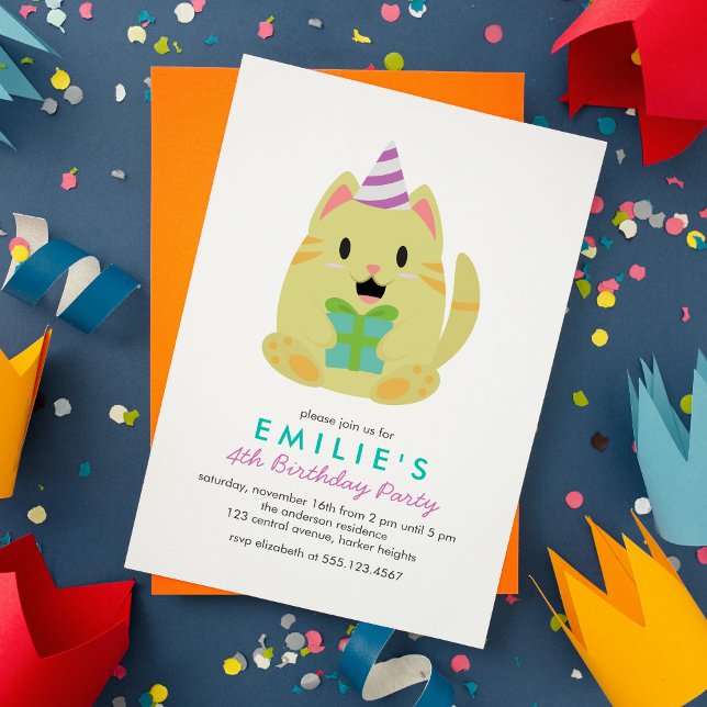 Cute Yellow Cat Kids Birthday Party Invitation (Creator Uploaded)