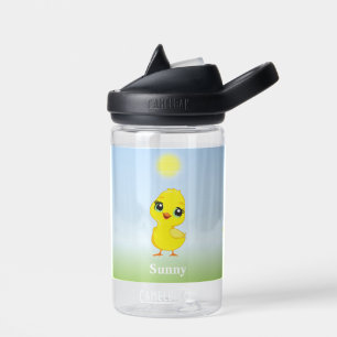 Cute Yellow Chick and Flowers on Light Blue Water Bottle