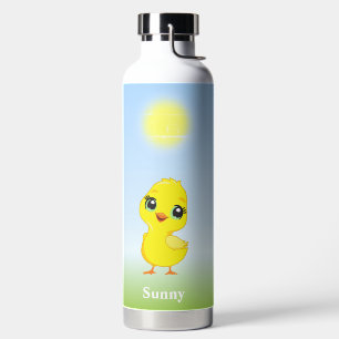 Cute Yellow Chick and Flowers on Light Blue Water Bottle