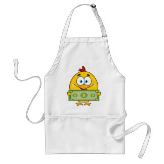 cute yellow chick cartoon character holding cash standard apron