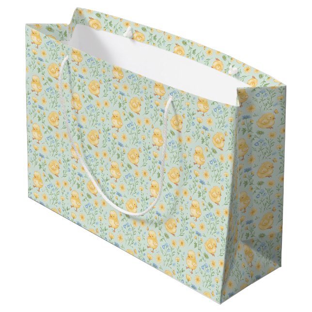 Cute Yellow Chicks and Flowers Pattern Large Gift Bag (Back Angled)