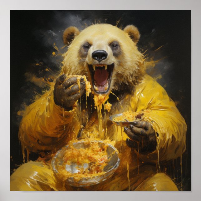 Cute Yellow Chinese Bear Eating Honey Poster (Front)