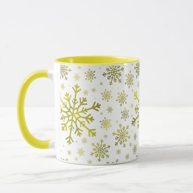 Cute Yellow Christmas Snowflakes on Winter White Mug (Left)