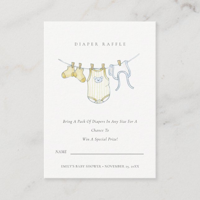 Cute Yellow Clothesline Diaper Raffle Baby Shower Enclosure Card (Front)