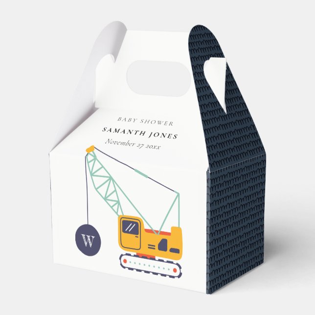 Cute Yellow Construction Crane Vehicle Baby Shower Favour Box (Front Side)