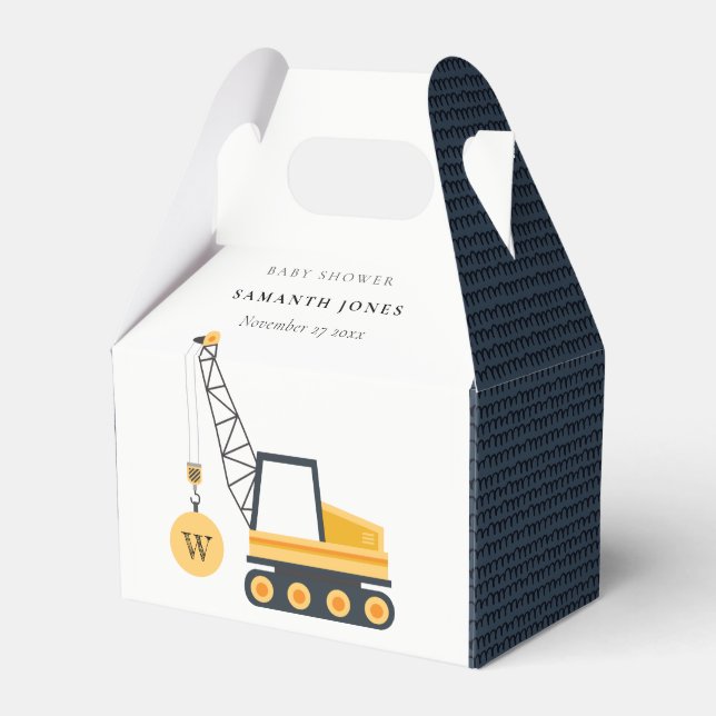 Cute Yellow Construction Crane Vehicle Baby Shower Favour Box (Front Side)
