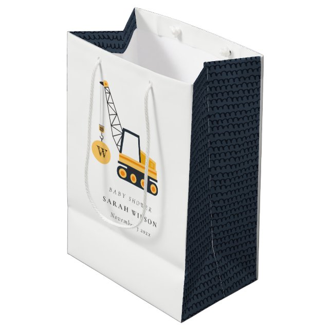 Cute Yellow Construction Crane Vehicle Baby Shower Medium Gift Bag (Front Angled)