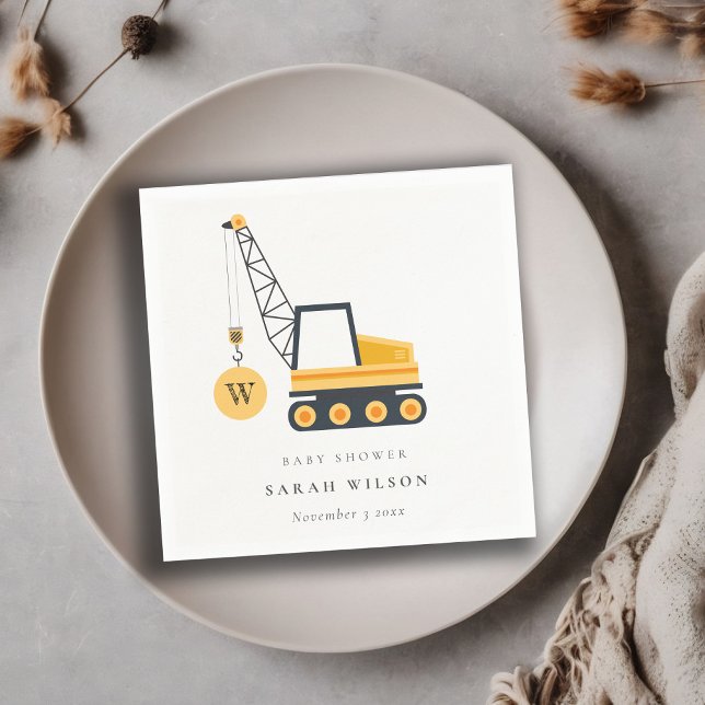 Cute Yellow Construction Crane Vehicle Baby Shower Napkin (Creator Uploaded)