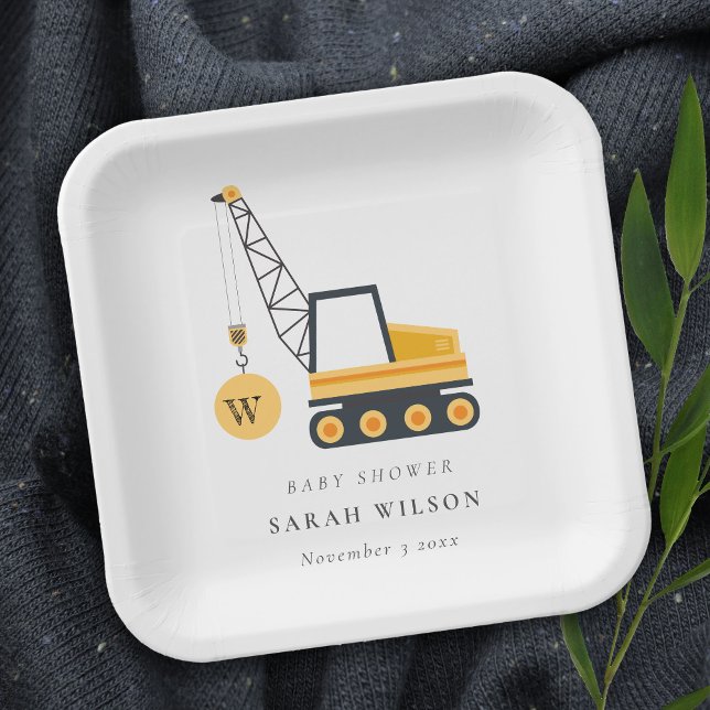 Cute Yellow Construction Crane Vehicle Baby Shower Paper Plate (Creator Uploaded)
