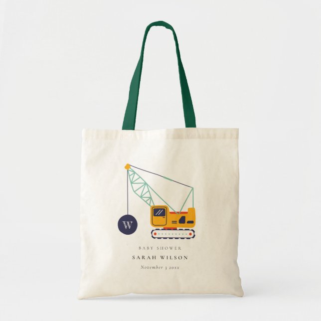 Cute Yellow Construction Crane Vehicle Baby Shower Tote Bag (Front)