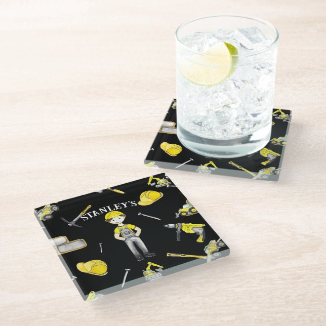 Cute Yellow Construction Truck Dump Name Glass Coaster (Angled)