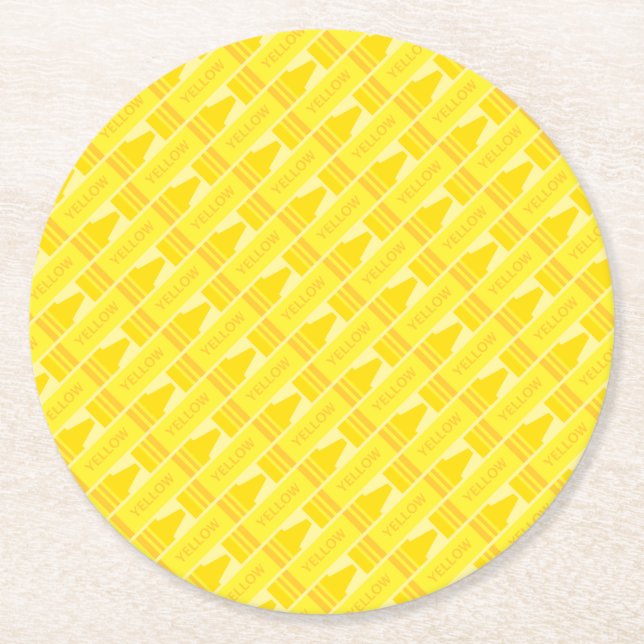 Cute Yellow Crayon Artsy Pattern Round Paper Coaster (Front)