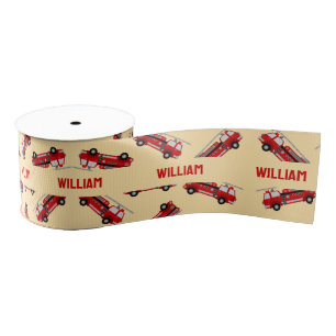 Cute Yellow Custom Name Firetruck Kids Birthday Grosgrain Ribbon